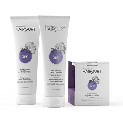 CURL PERFECTING SET: SHAMPOO, CONDITIONER, AND HAIR MASQUE.